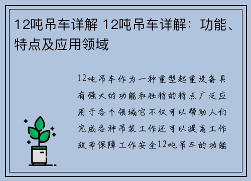 12吨吊车详解 12吨吊车详解：功能、特点及应用领域