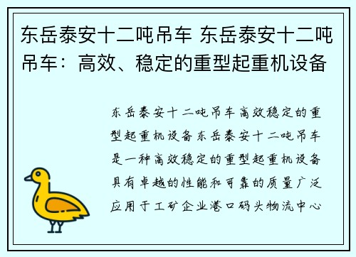 东岳泰安十二吨吊车 东岳泰安十二吨吊车：高效、稳定的重型起重机设备