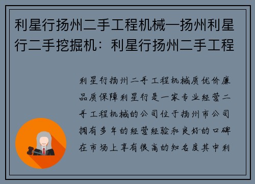 利星行扬州二手工程机械—扬州利星行二手挖掘机：利星行扬州二手工程机械：质优价廉，品质保障