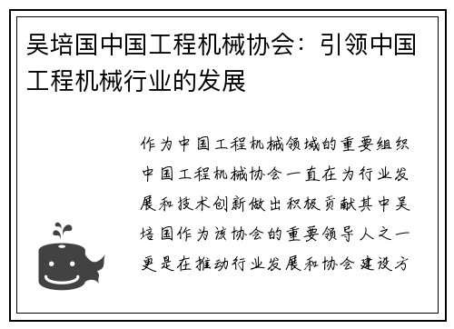 吴培国中国工程机械协会：引领中国工程机械行业的发展