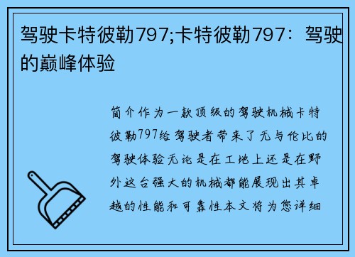 驾驶卡特彼勒797;卡特彼勒797：驾驶的巅峰体验